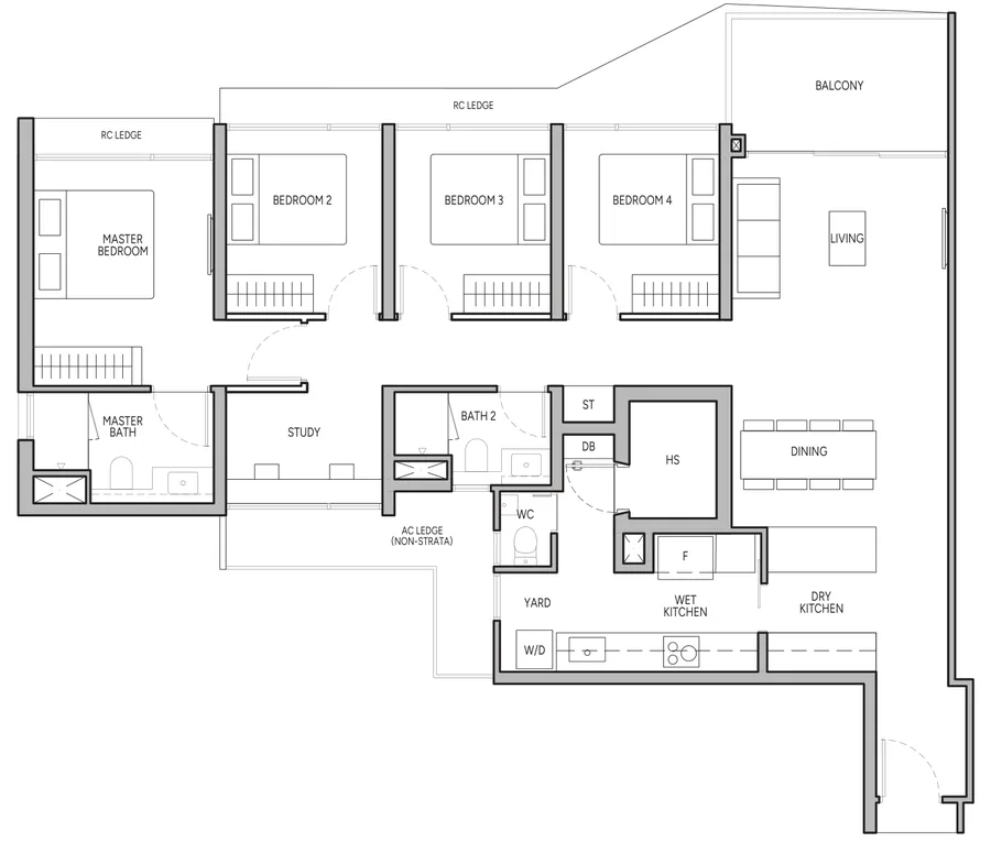 Floor plan of The Orie type D3S, 4-Bedroom Premium + Study, 1,367 sq ft