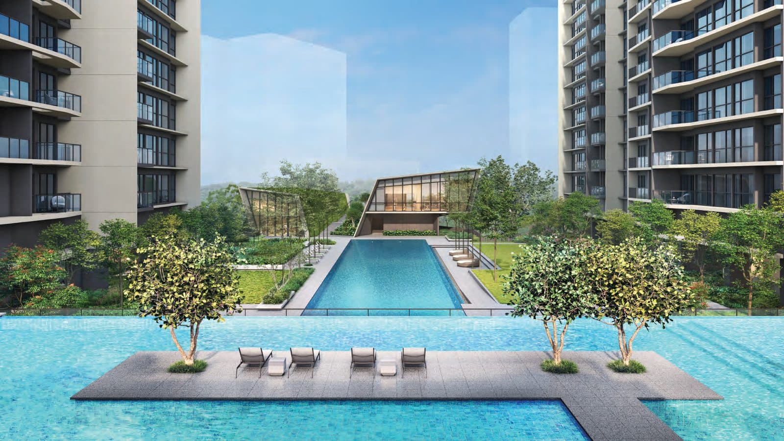 Artist's impression of The Orie: the 50 m lap pool and the angular Club Orie pavilions between the two towers, seen across the relaxation pool