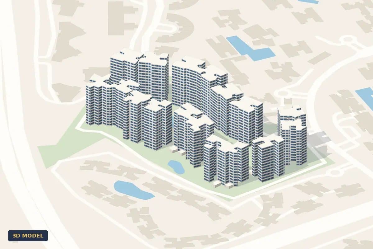 3D model of The Palette: the twelve blocks around the pools at Pasir Ris Grove