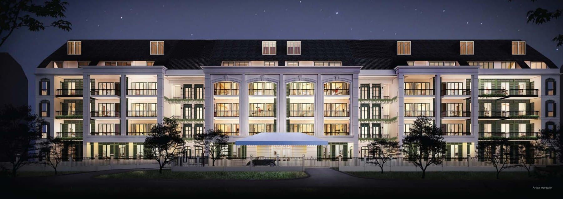The Quinn: the five-storey blocks with their mansard roof along Bartley Road at night