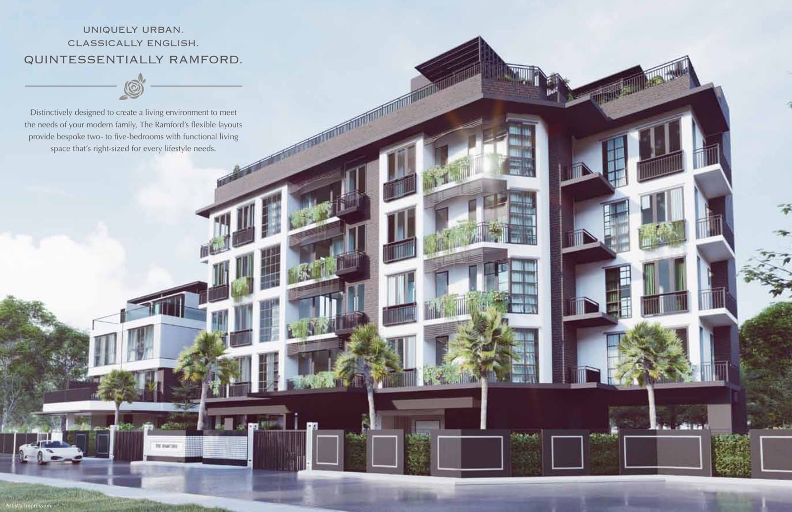 The Ramford: the five-storey block with its brick and white facade on Rambai Road