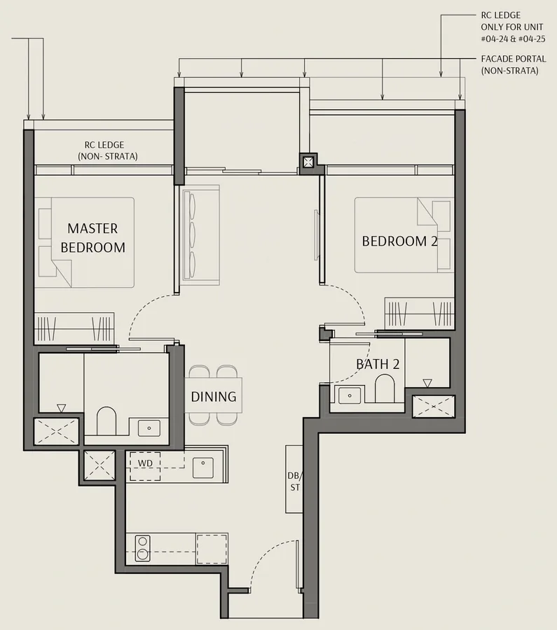 Floor plan of The Robertson Opus type B2, 2 Bedroom, 689 sq ft