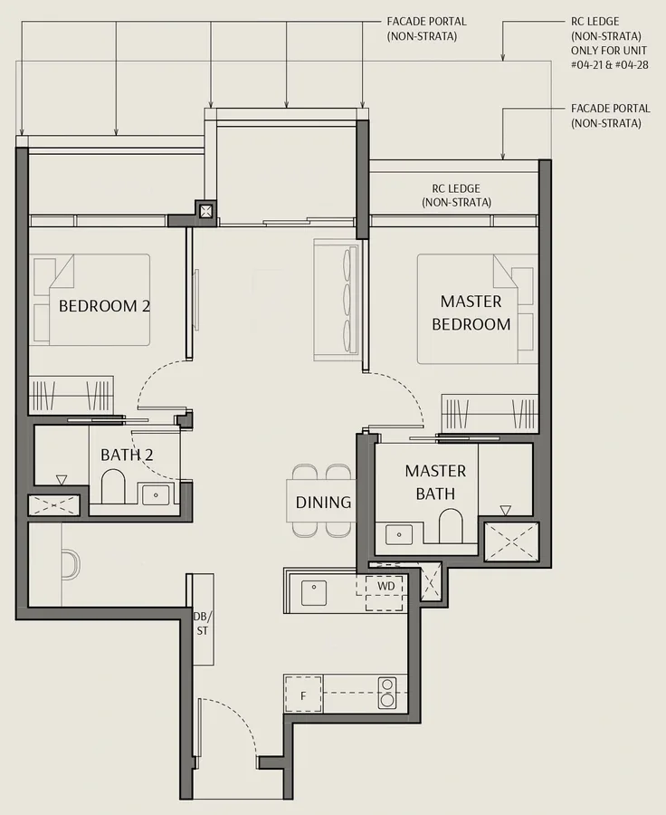 Floor plan of The Robertson Opus type B7-S, 2 Bedroom + Study, 743 sq ft