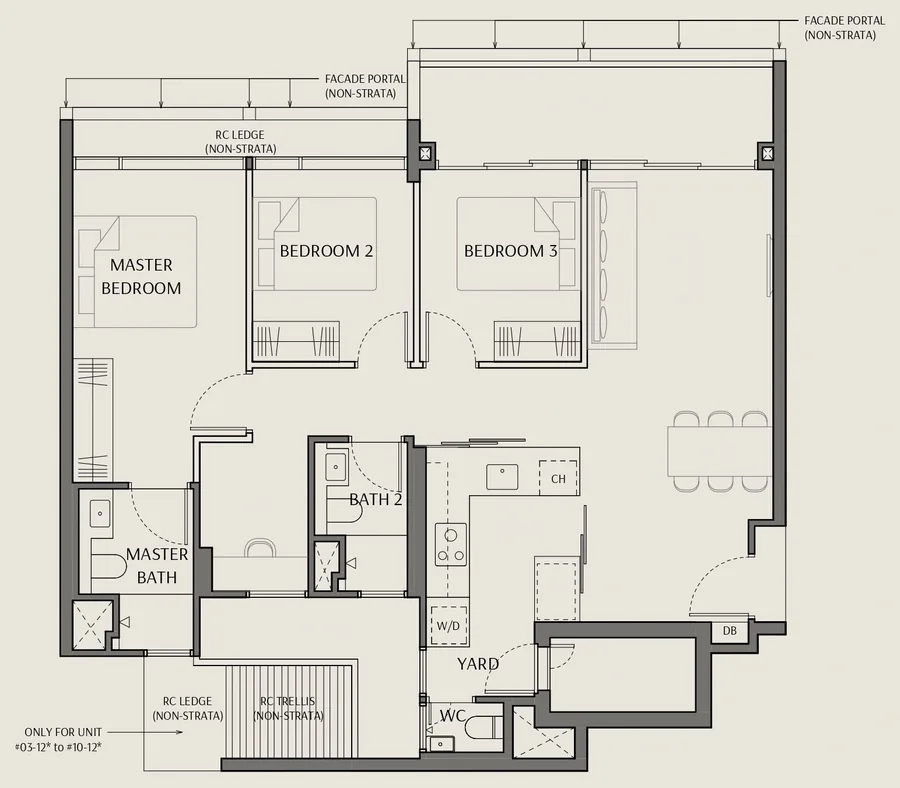 Floor plan of The Robertson Opus type C1-P, 3 Bedroom Premium, 1,152 sq ft