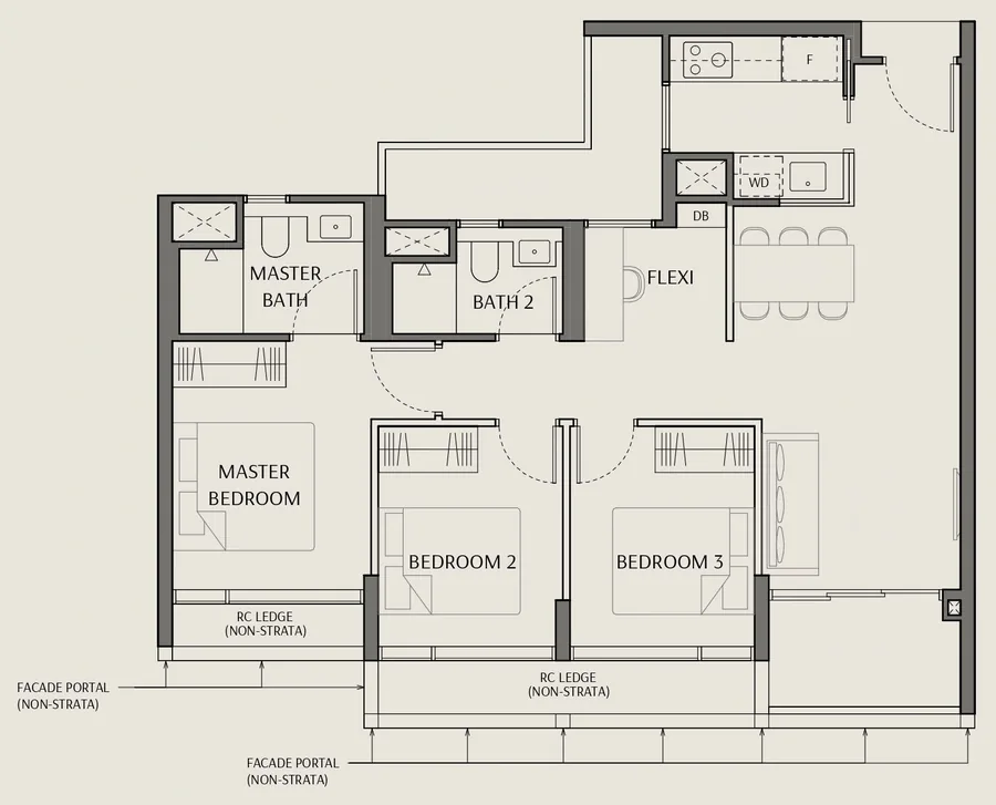 Floor plan of The Robertson Opus type C1-S, 3 Bedroom + Flexi, 926 sq ft