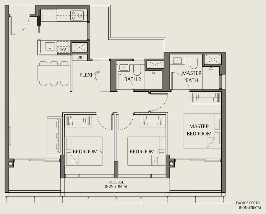 Floor plan of The Robertson Opus type C2-S, 3 Bedroom + Flexi, 980 sq ft