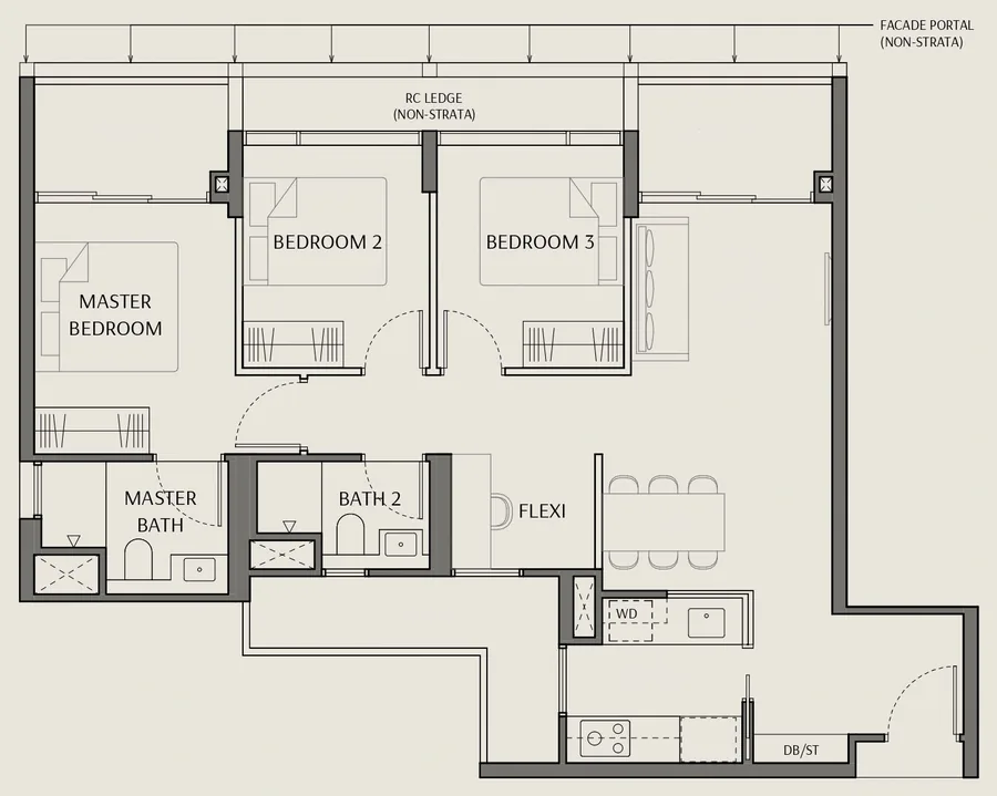 Floor plan of The Robertson Opus type C3-S, 3 Bedroom + Flexi, 1,012 sq ft