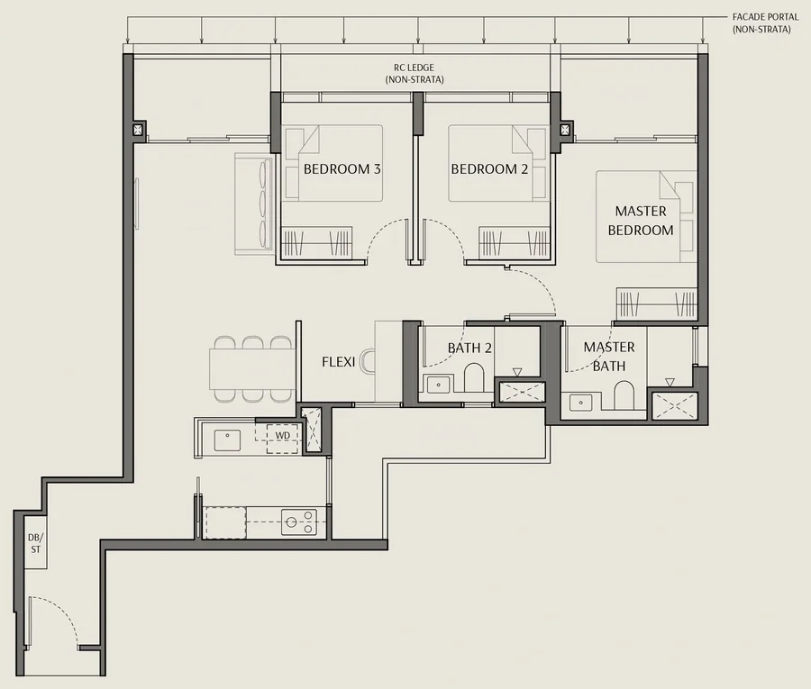 Floor plan of The Robertson Opus type C5-S, 3 Bedroom + Flexi, 1,044 sq ft