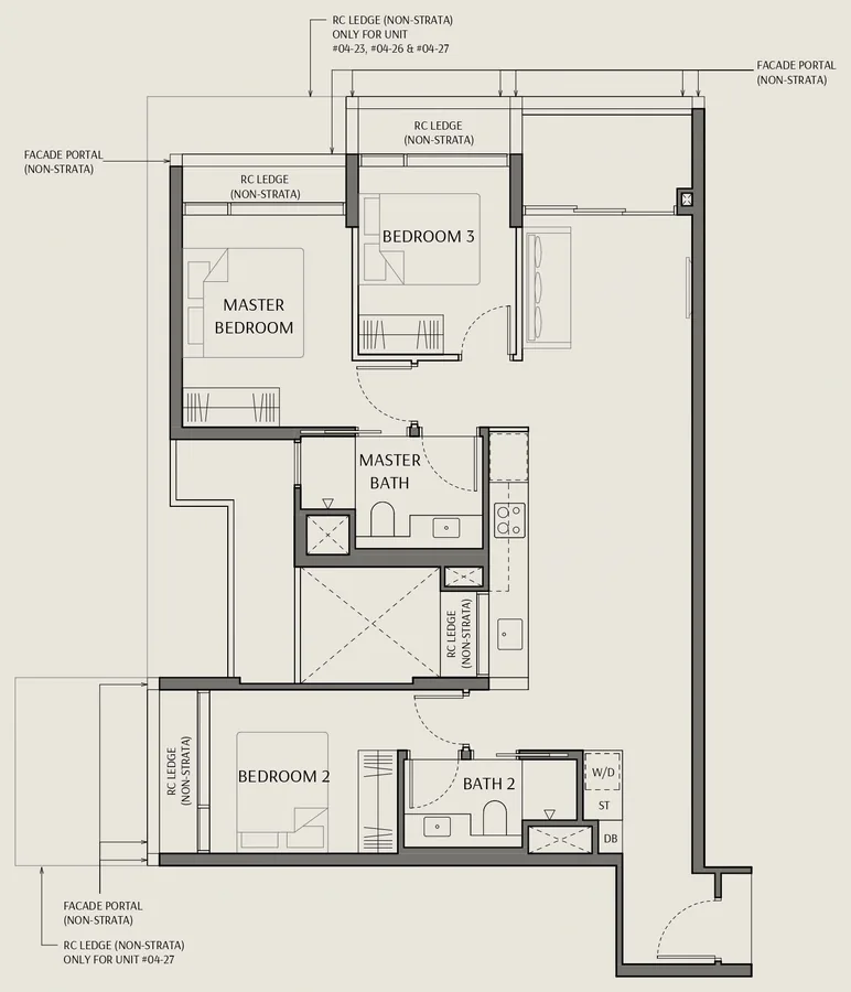 Floor plan of The Robertson Opus type C6, 3 Bedroom Duoflex, 990 sq ft
