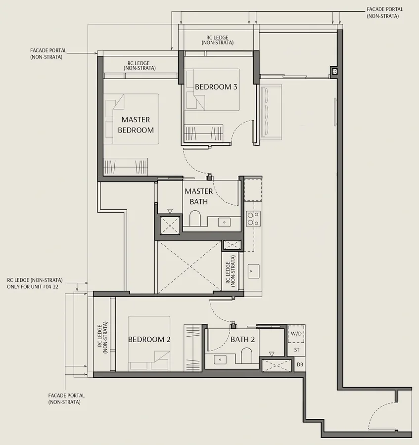 Floor plan of The Robertson Opus type C7, 3 Bedroom Duoflex, 1,023 sq ft