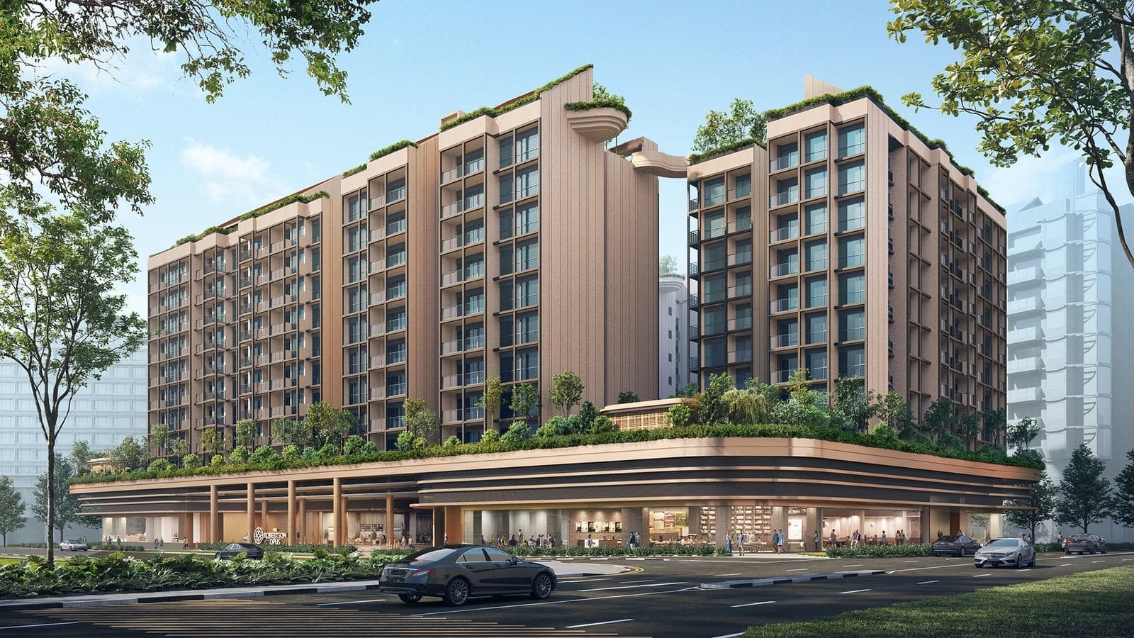Artist's impression of The Robertson Opus from the street by day: ten-storey blocks in warm brown with planted roofs, above a single storey of shops under a curved canopy