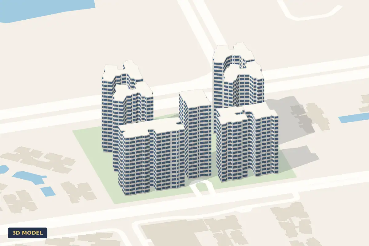 3D model of The Santorini: eight blocks around the long pools at Tampines Street 86