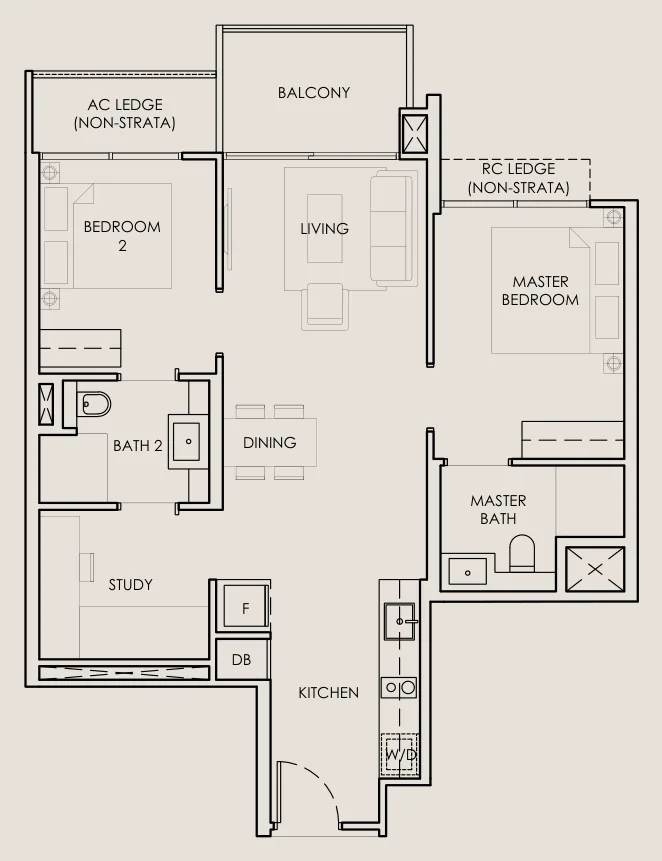 Floor plan of The Sen type B4, 2 Bedroom + Study, 764 sq ft