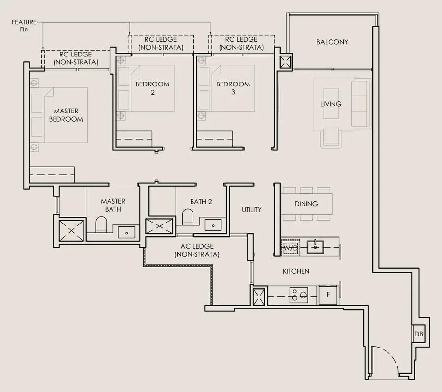 Floor plan of The Sen type C2, 3 Bedroom, 936 sq ft