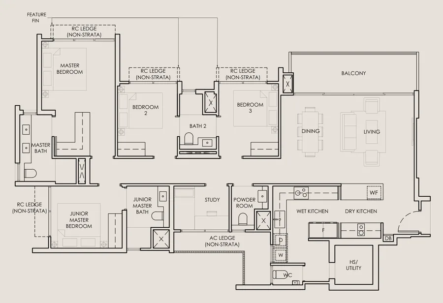 Floor plan of The Sen type D1A, 4 Bedroom + Study, 1,453 sq ft