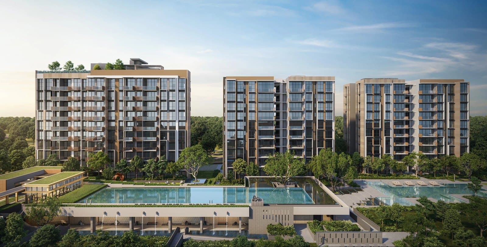 Artist's impression of The Sen: three of its five 10-storey blocks behind the 50 m lap pool deck, with trees all round