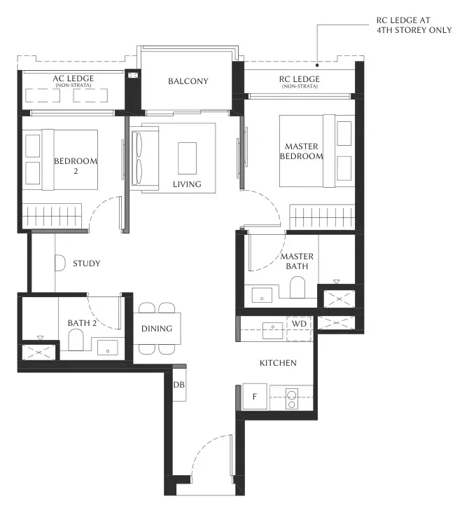 Floor plan of The Serra Residences type B1a, 2-Bedroom + Study (B1, B1a), 710 sq ft