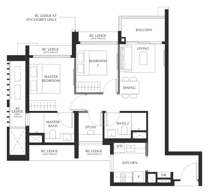 Floor plan of The Serra Residences type B2, 2-Bedroom + Study (B2), 721 sq ft