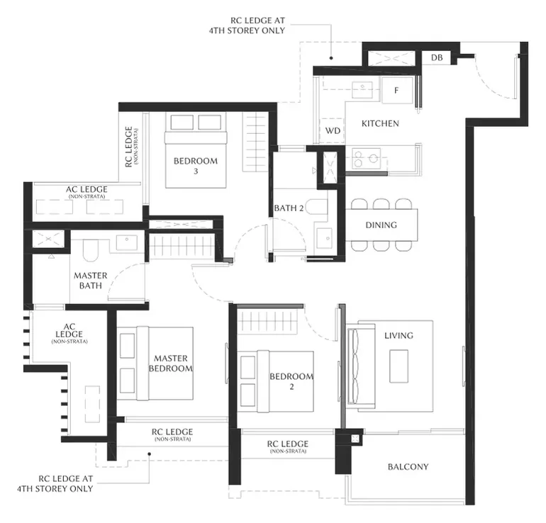 Floor plan of The Serra Residences type C2, 3-Bedroom (C2), 893 sq ft