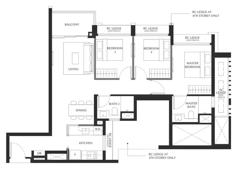 Floor plan of The Serra Residences type C3, 3-Bedroom (C3), 904 sq ft