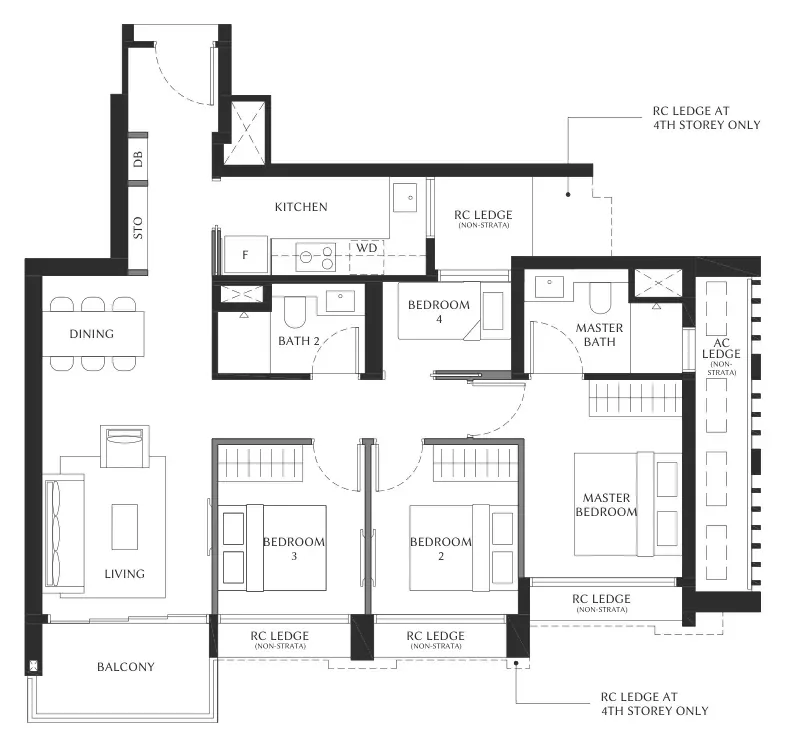 Floor plan of The Serra Residences type D1, 4-Bedroom (D1), 958 sq ft