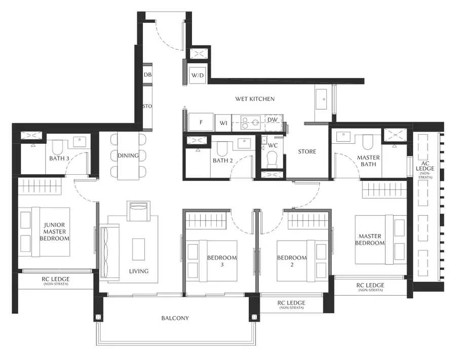 Floor plan of The Serra Residences type D2, 4-Bedroom (D2), 1,216 sq ft