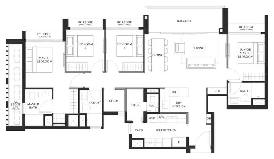 Floor plan of The Serra Residences type D3, 4-Bedroom + Study, 1,335 sq ft