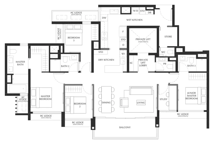 Floor plan of The Serra Residences type D4, 4-Bedroom Premium with Private Lift, 1,528 sq ft