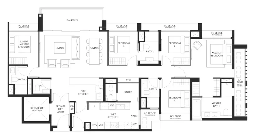 Floor plan of The Serra Residences type E, 5-Bedroom Premium with Private Lift, 1,755 sq ft