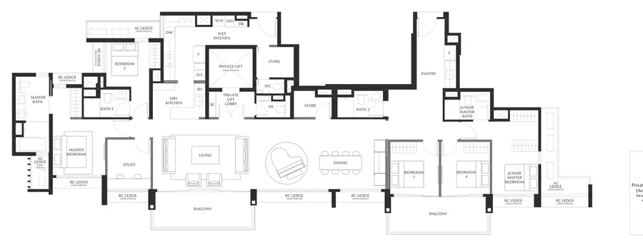 Floor plan of The Serra Residences type PH1, Penthouse, 2,648 sq ft