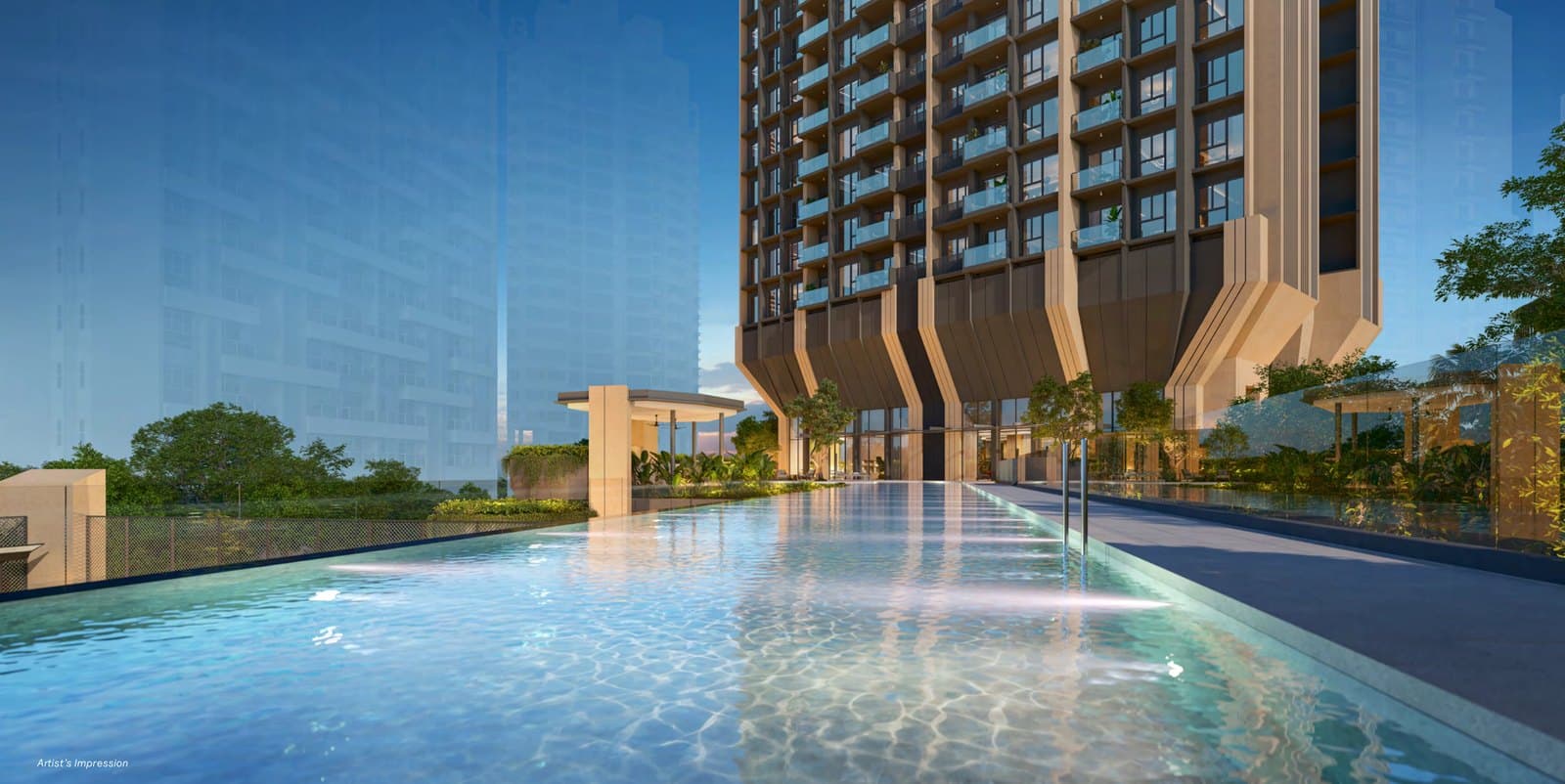Artist's impression of The Serra Residences' 50-metre lap pool on the third storey at dusk, with the foot of the tower behind it