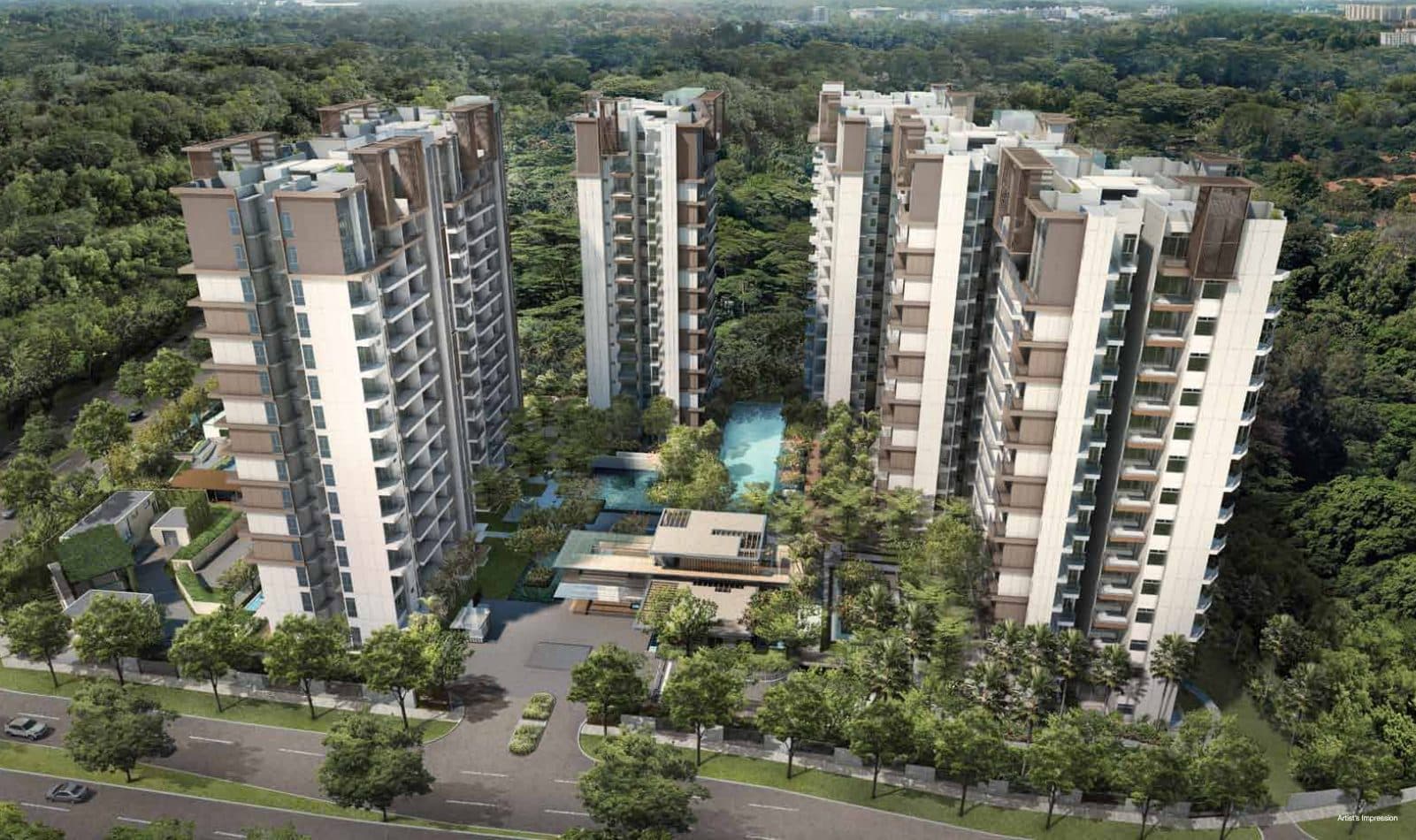 Artist's impression of The Skywoods from above Dairy Farm Road: six 15-storey blocks around the pools and clubhouse, forest behind