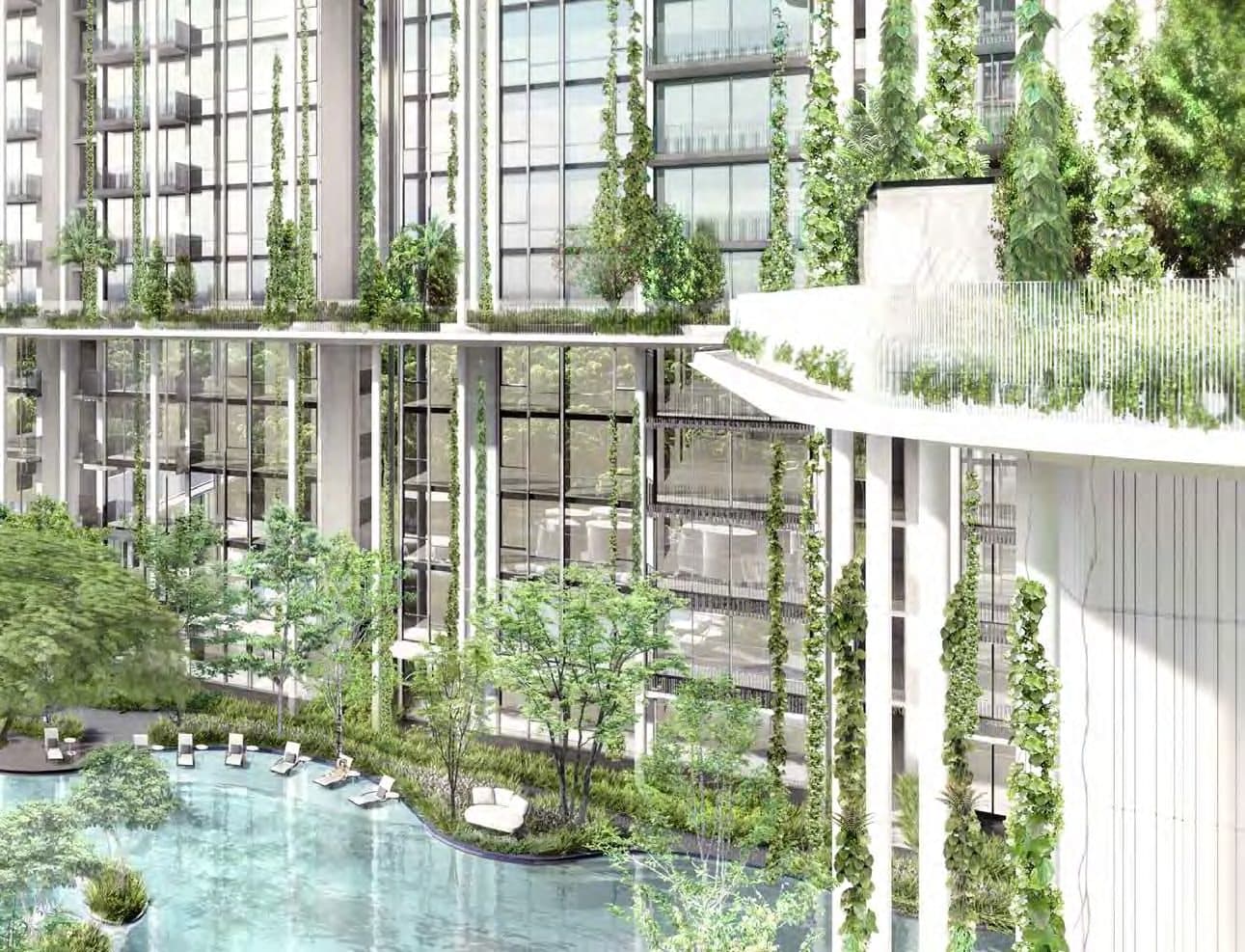 Artist's impression of The Tembusu: 18-storey blocks with climbing greenery on their fronts, seen across the lagoon pool and its sun deck