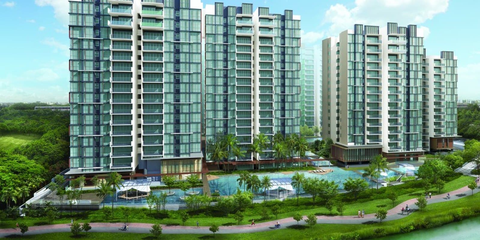 Artist's impression of The Terrace from across Punggol Waterway: glass-fronted blocks of 13 to 17 storeys with balconies behind a long pool with pavilions, a waterside path and lawn in front