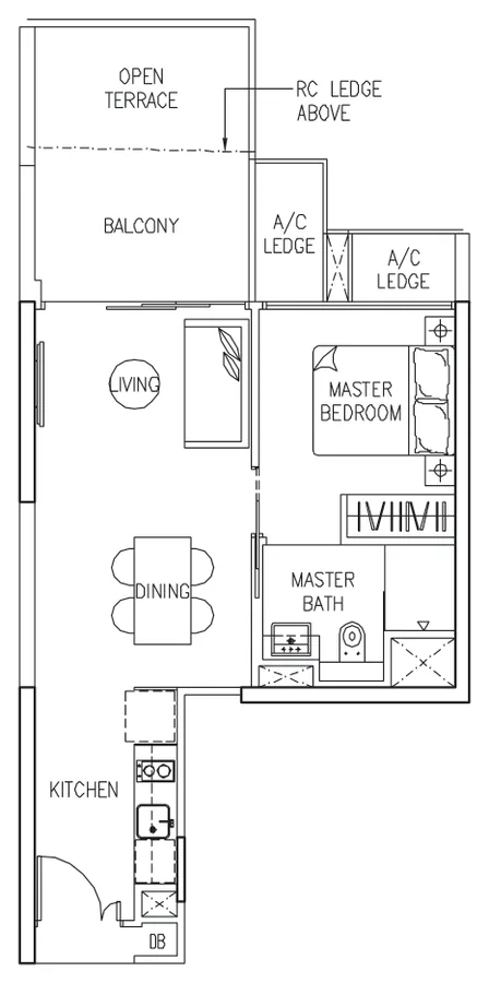 Floor plan of The Trilinq type A1-P, 1-Bedroom, 603 sq ft
