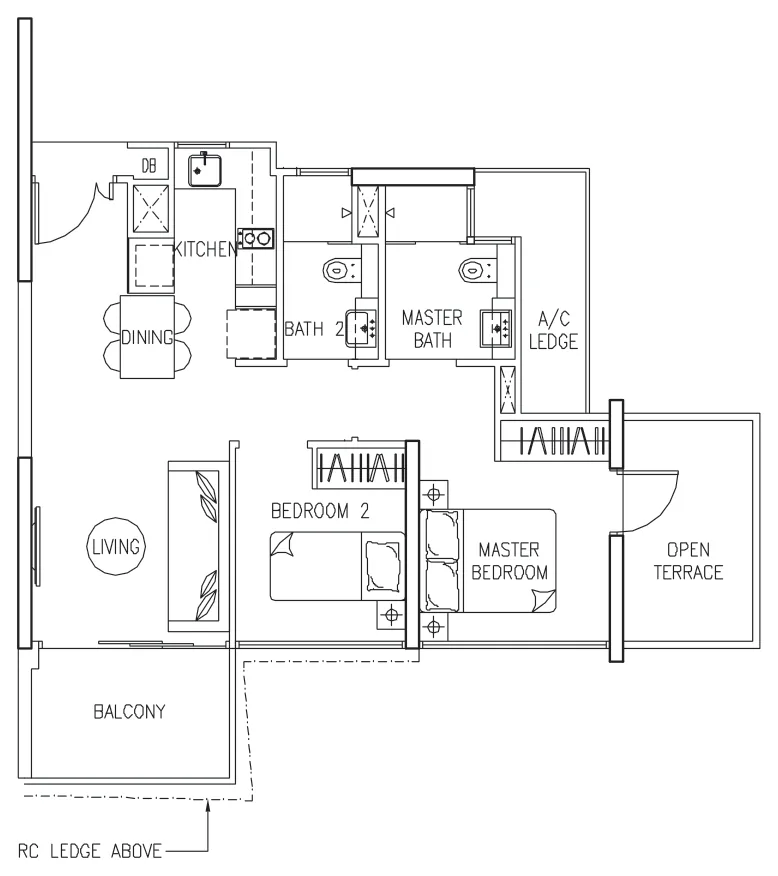 Floor plan of The Trilinq type B1-P, 2-Bedroom, 775 sq ft