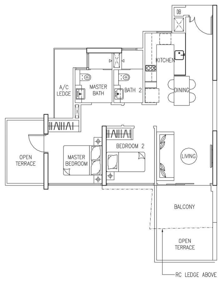 Floor plan of The Trilinq type B2-P, 2-Bedroom, 893 sq ft