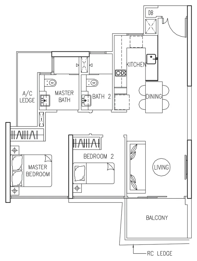 Floor plan of The Trilinq type B2, 2-Bedroom, 753 sq ft