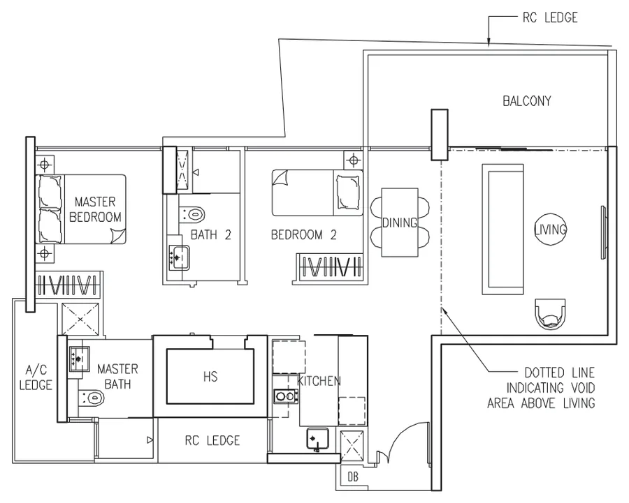 Floor plan of The Trilinq type B3, 2-Bedroom, 710 sq ft