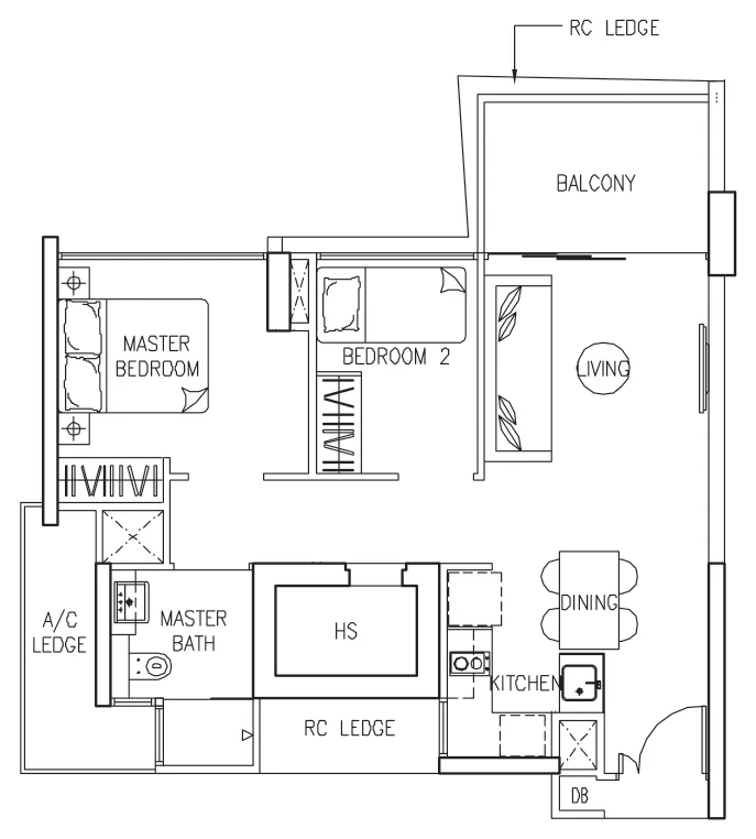 Floor plan of The Trilinq type B4, 2-Bedroom, 710 sq ft