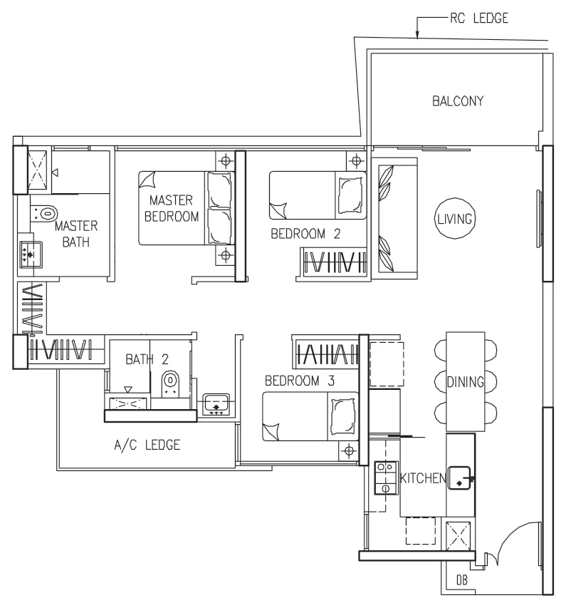 Floor plan of The Trilinq type C1, 3-Bedroom, 915 sq ft