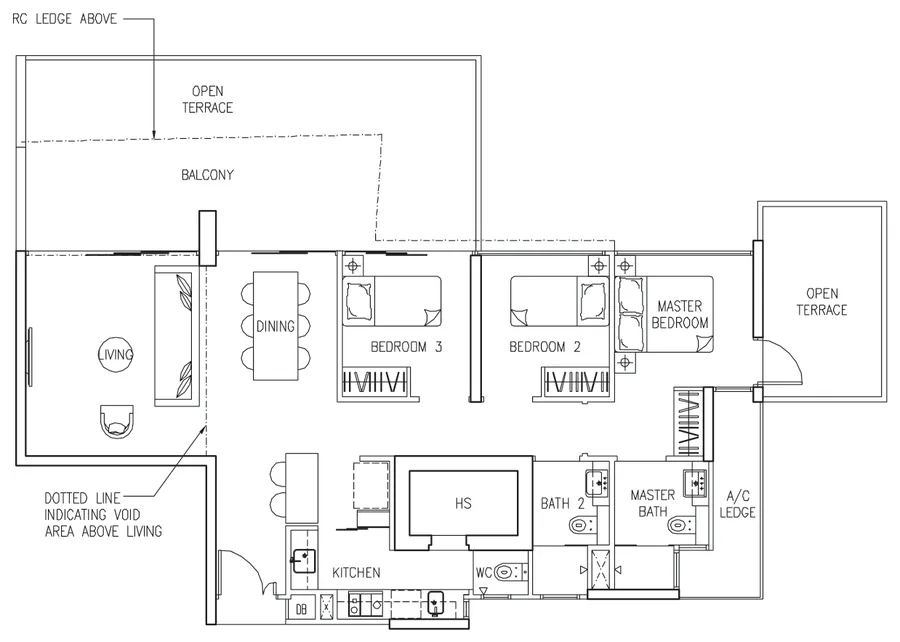 Floor plan of The Trilinq type C2-P, 3-Bedroom, 1,701 sq ft