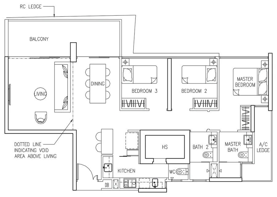 Floor plan of The Trilinq type C2, 3-Bedroom, 915 sq ft