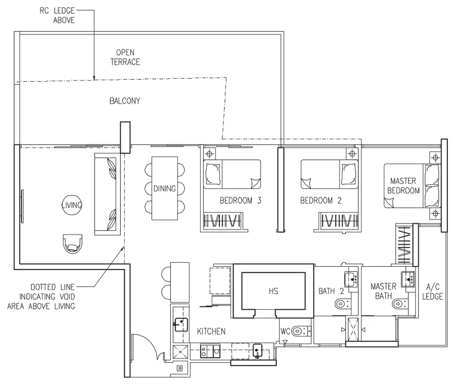 Floor plan of The Trilinq type C3-P, 3-Bedroom, 1,604 sq ft