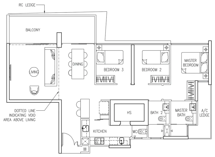 Floor plan of The Trilinq type C3, 3-Bedroom, 936 sq ft