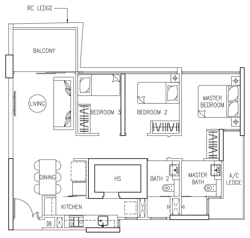 Floor plan of The Trilinq type C4, 3-Bedroom, 915 sq ft