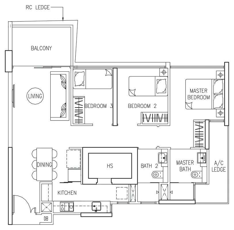 Floor plan of The Trilinq type C5, 3-Bedroom, 936 sq ft