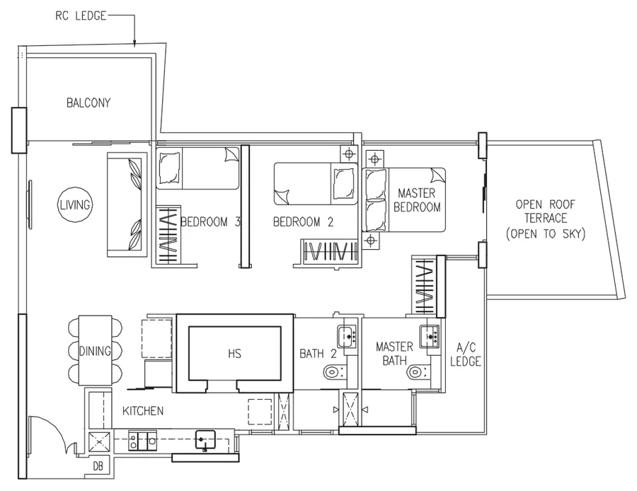 Floor plan of The Trilinq type C6, 3-Bedroom, 1,055 sq ft
