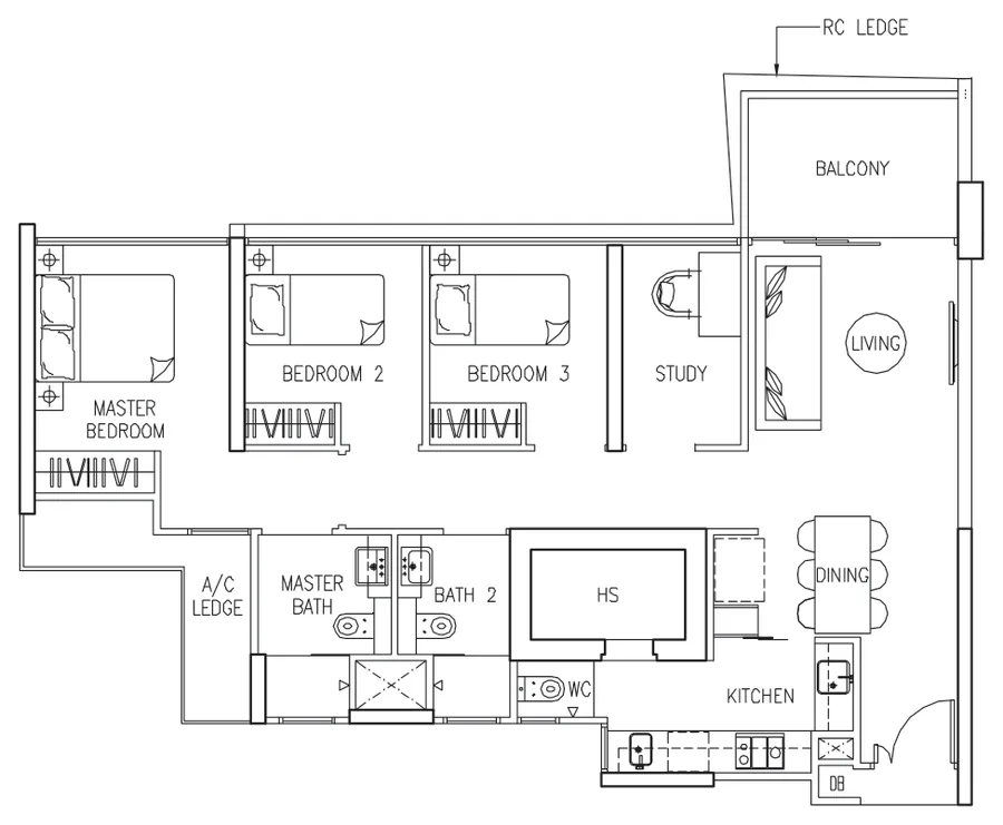 Floor plan of The Trilinq type C7, 3-Bedroom + Study, 1,044 sq ft