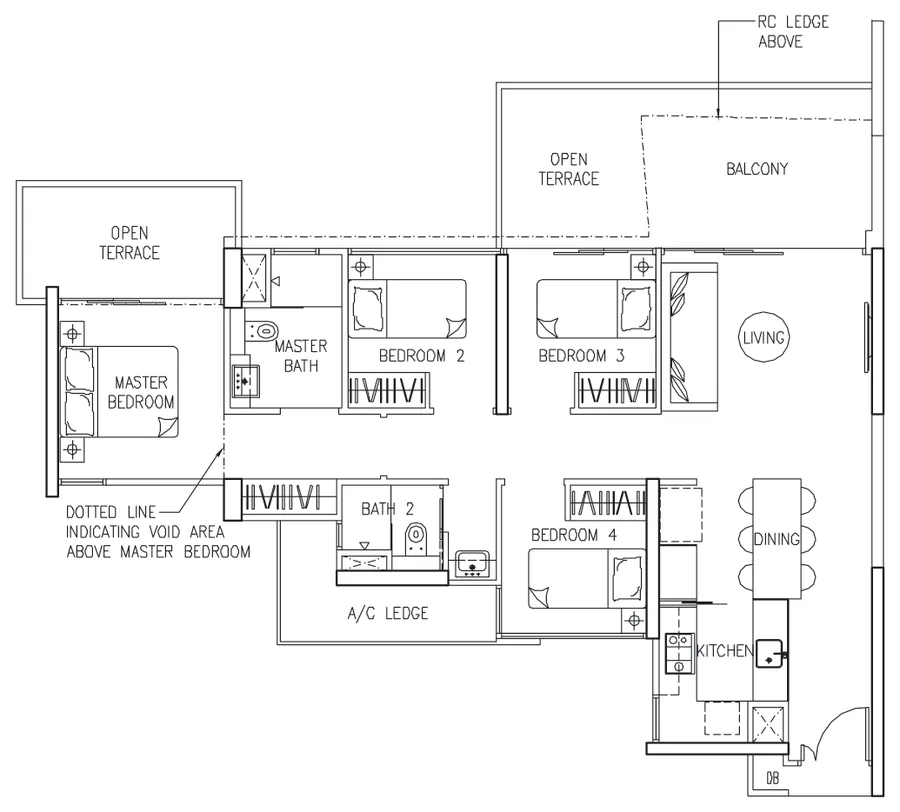 Floor plan of The Trilinq type D1-P1, 4-Bedroom, 1,302 sq ft